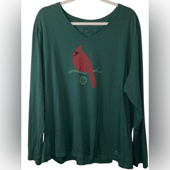 Life Is Good Women’s 3X Cardinal Graphic Long Sleeve Crusher V-Neck Tee Green - Picture 2 of 5